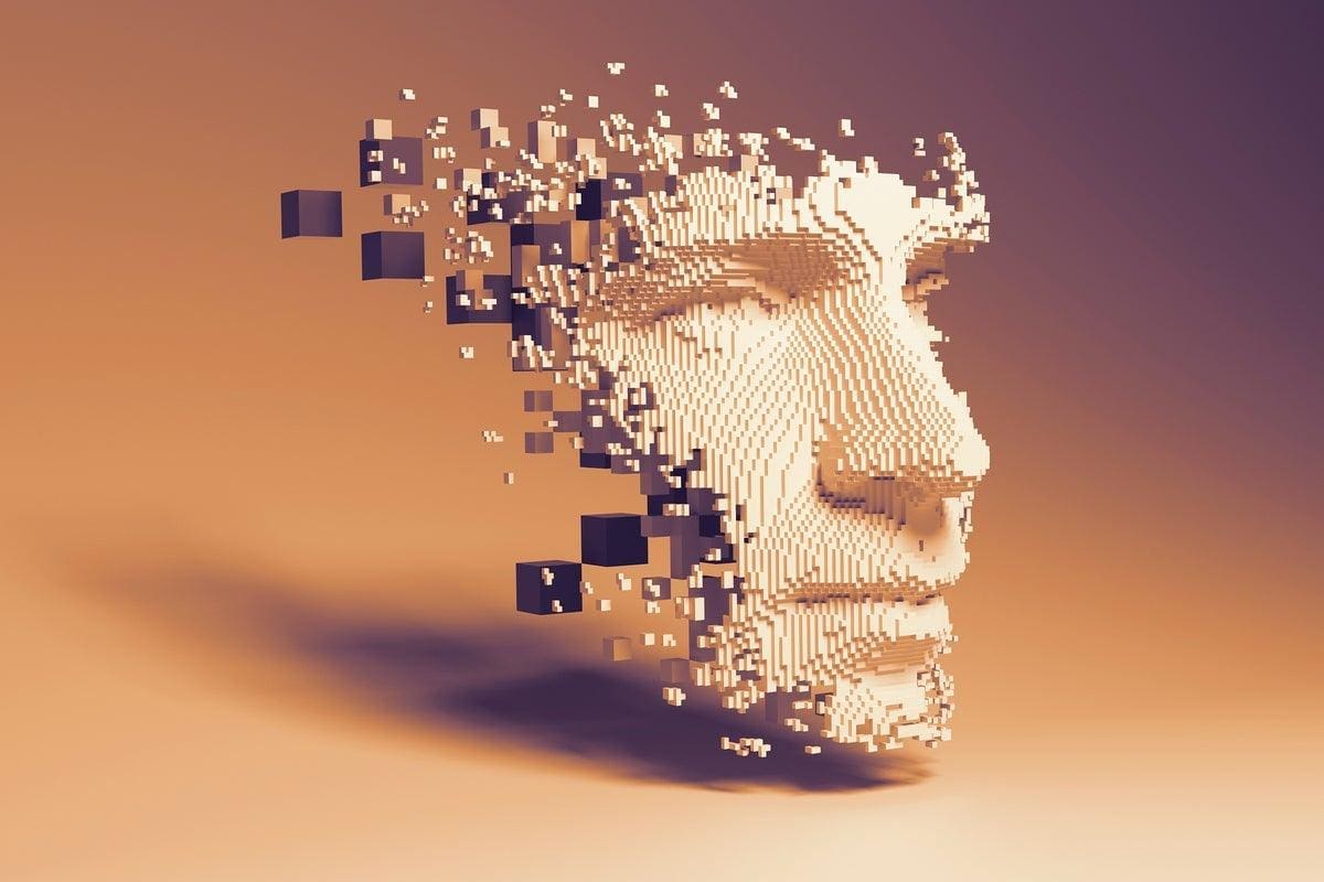 A 3 d image of a face with blocks coming out of it.